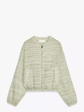 Zara Pale Green Tweed Bomber Jacket
